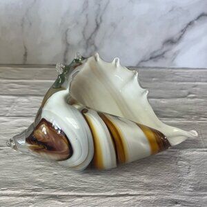 Hand Blown Elegant Glass Conch Seashell Shell Sculpture Decor White/Gold/Brown